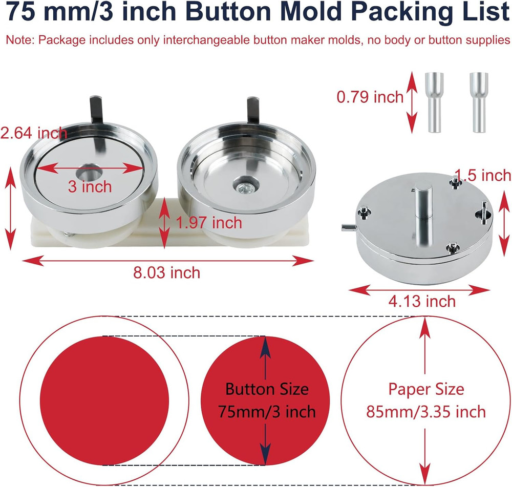 3 inch/75mm Button Maker Mold - Interchangeable Die Mold for Slide Rail Button M