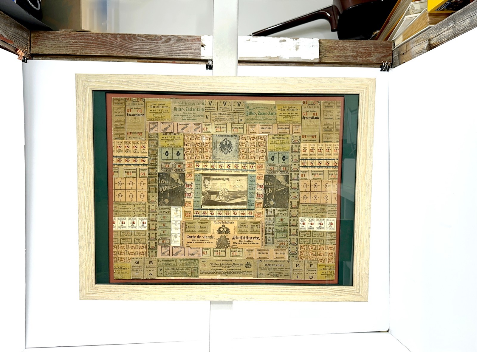 WWI Framed Ration Coupon Collage Folk Art Strasbourg Alsace Germany Trench 1917