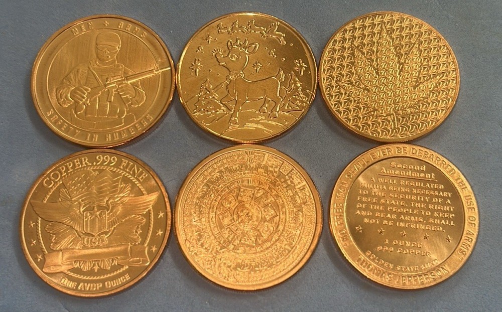 Six -1 OZ Assorted Copper Rounds .999 Fine Copper. Good For Copper Stackers.