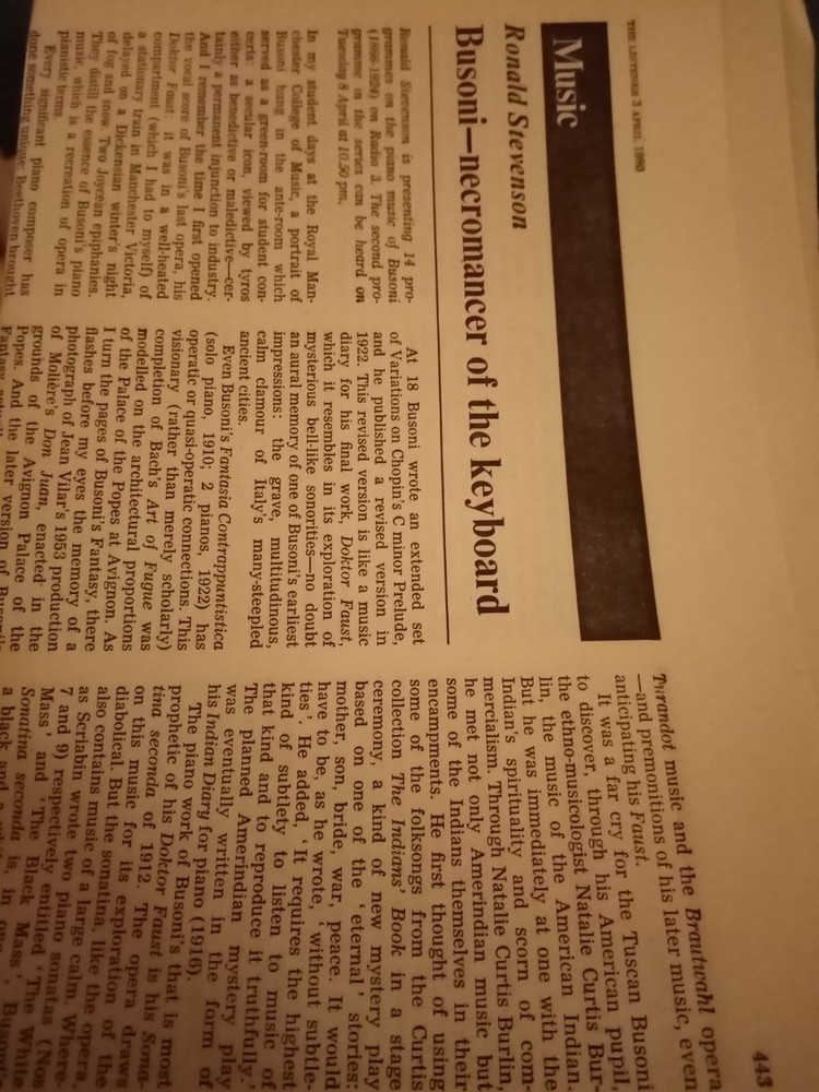 Xm49  Ephemera 1980 Article Ronald Stevenson Busoni