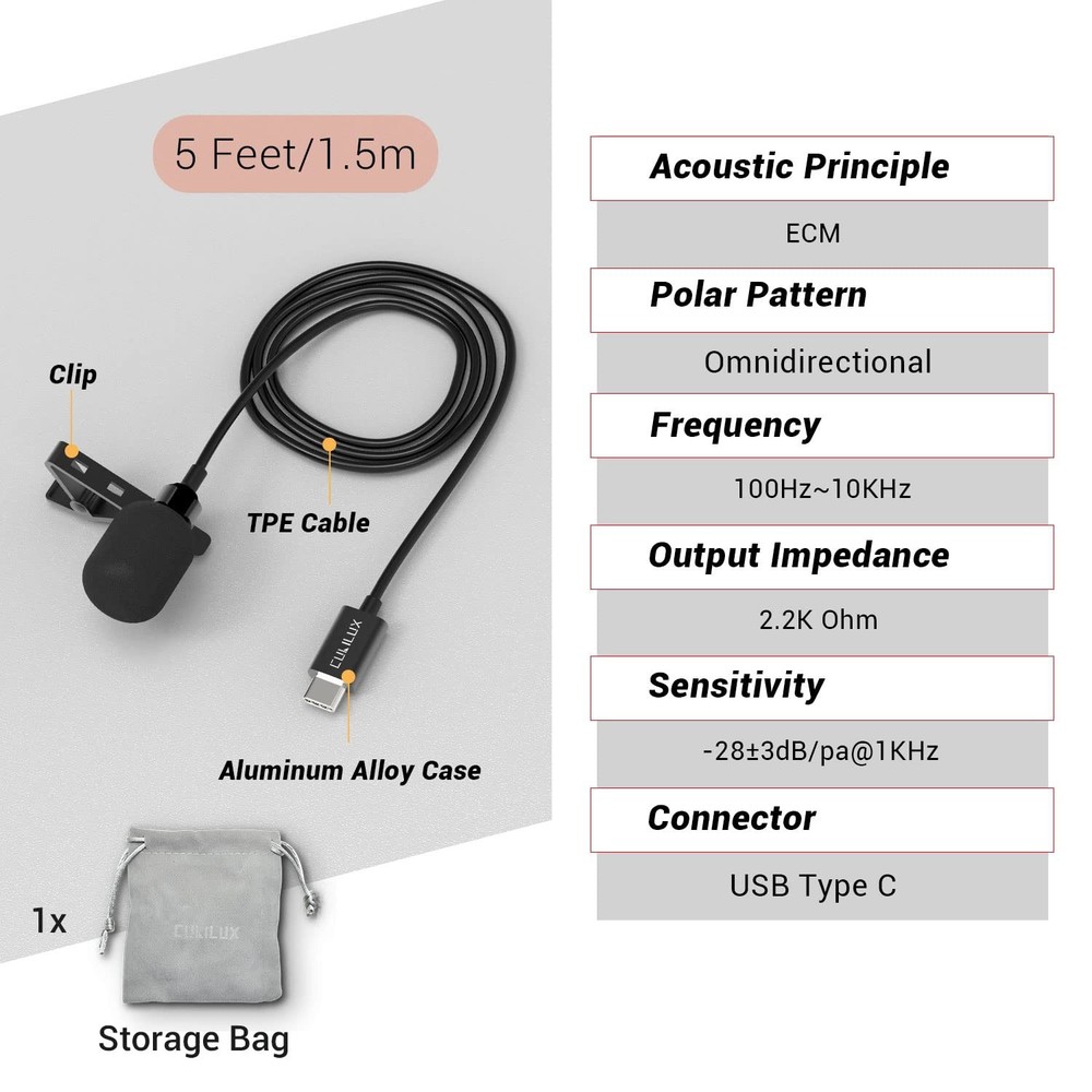 USB C Microphone, Type C Lavalier MIC, External Lapel Clip MIC for iPhone 16/...