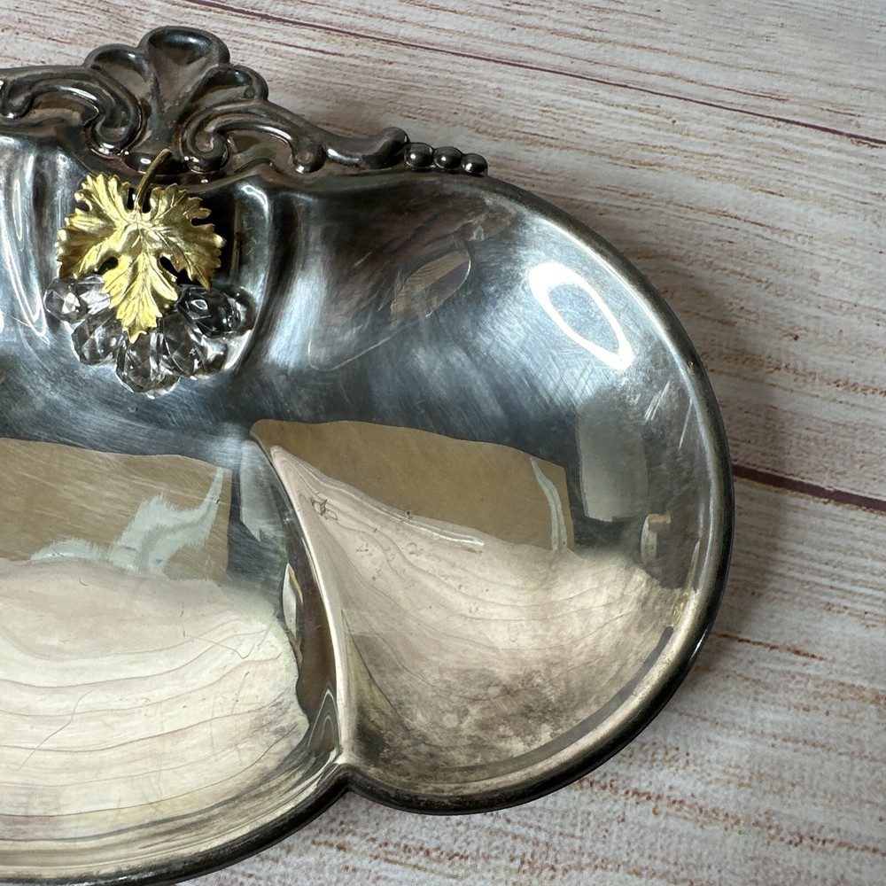 Vintage BO Italy Silverplate 3 Section Bonbon Dish Gold Leaf Crystal Grapes