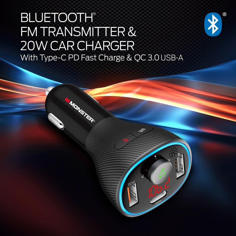 Monster Bluetooth FM Transmitter for Car Cigarette Lighter with 20W QC3.0 USB...