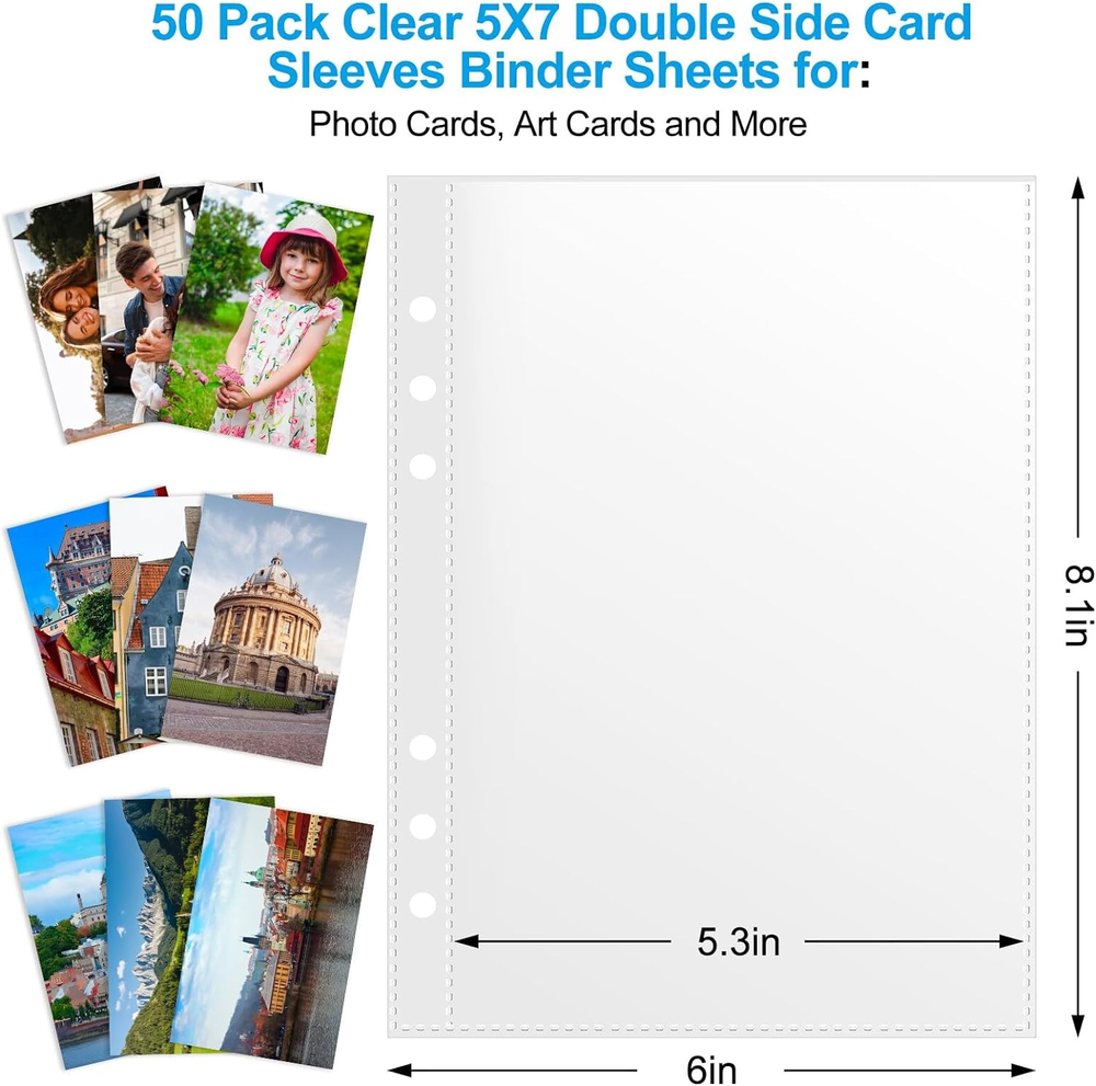 50 Pack 5X7 Clear Binder Sheets Sleeves - 6 Ring A5 Binder Inserts - Plastic Poc