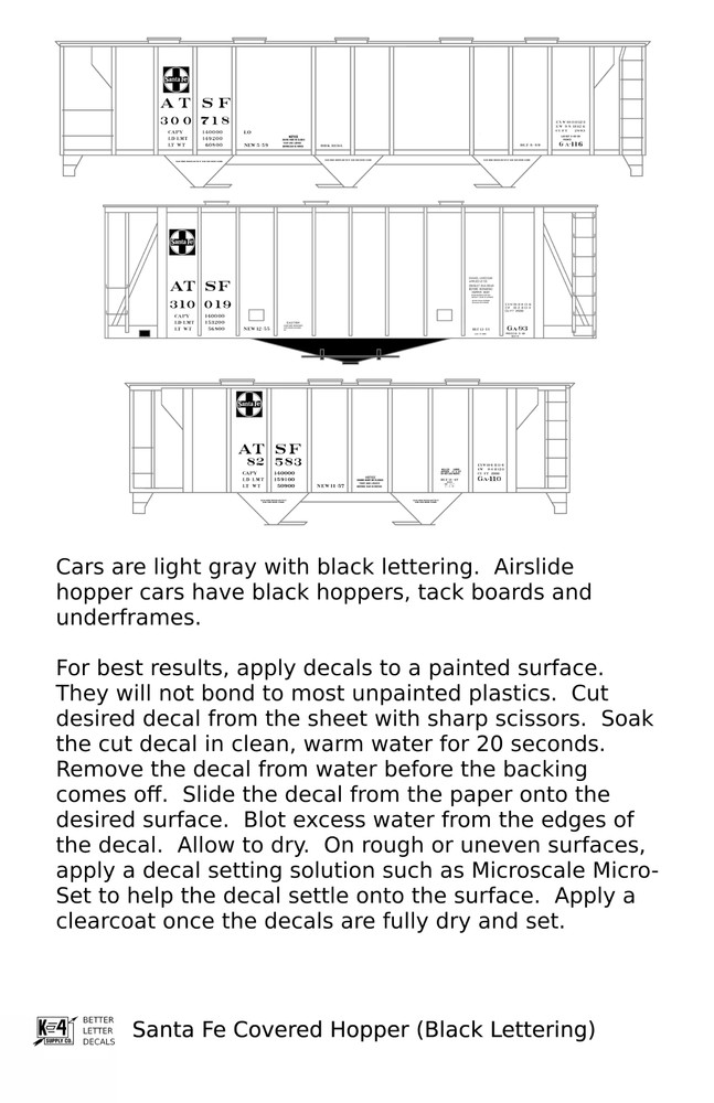 K4 HO Scale Decals Santa Fe Covered Hopper Black
