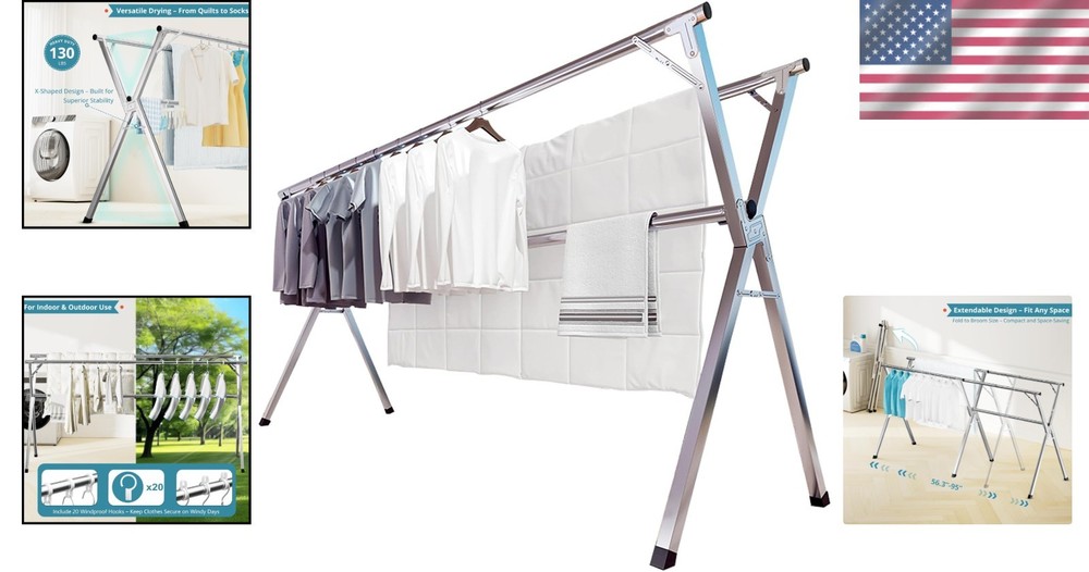 Large Foldable Laundry Rack with Windproof Hooks
