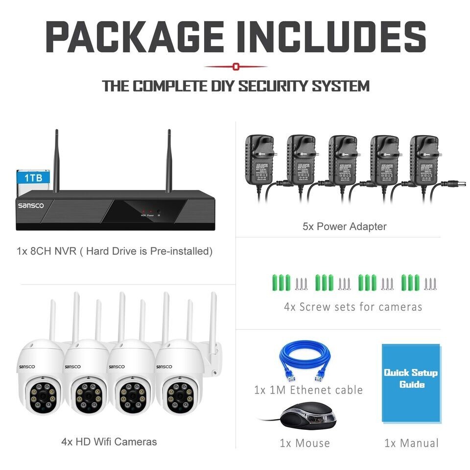 Sansco Wireless CCTV Security System Kit 3MP WiFi PTZ Audio Camera with 1TB