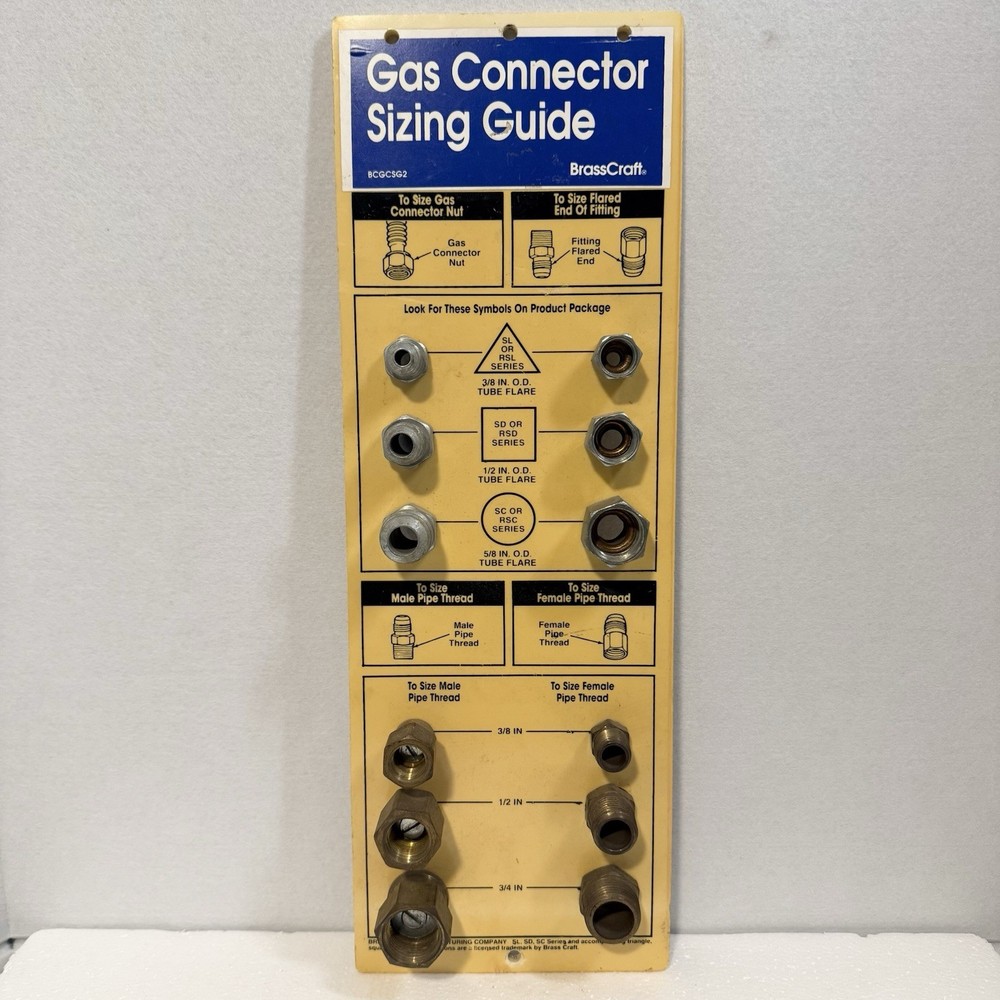 Brass Craft Gas Connector Sizing Guide Tool Board display Size Thread samples