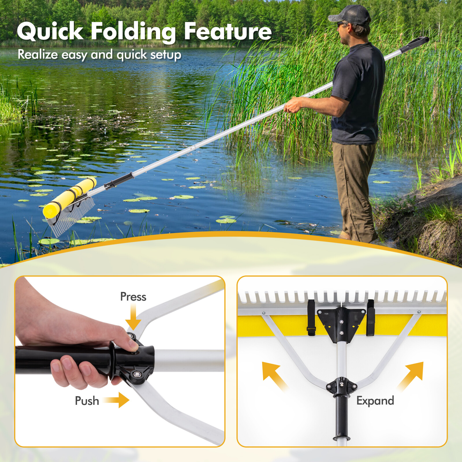 Floating Weed Lake Rake Pond Weed Cutter w/ Foam Floats, Rope & Extended Handle