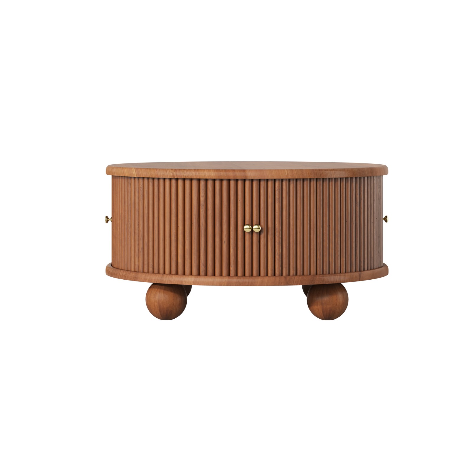 Round Fluted Coffee Table with Storage Pine Solid Wood Sliding Door Walnut Color