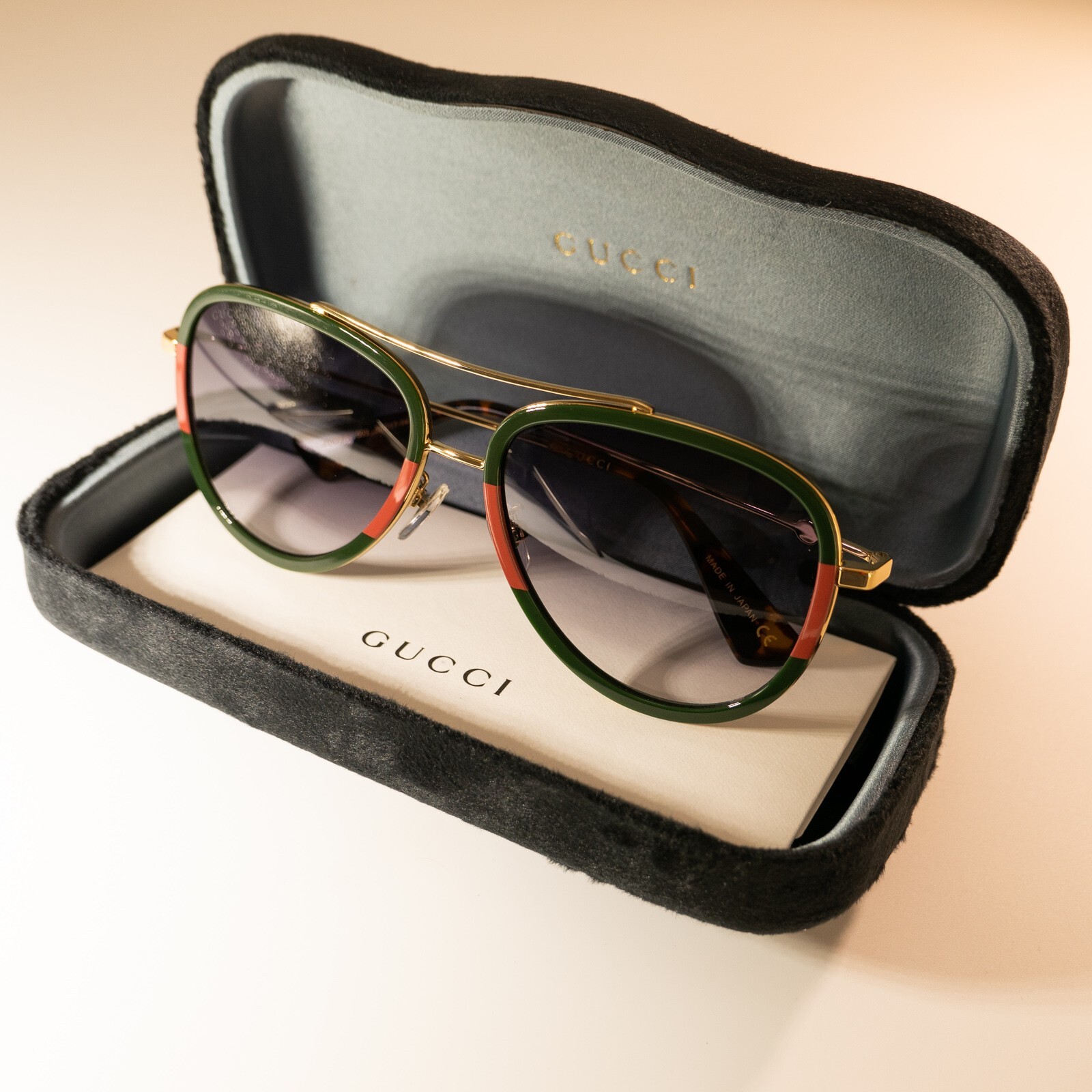 Gucci GG0062S 003 57mm Aviator Green/Red Unisex Sunglasses with Light Grey Lens