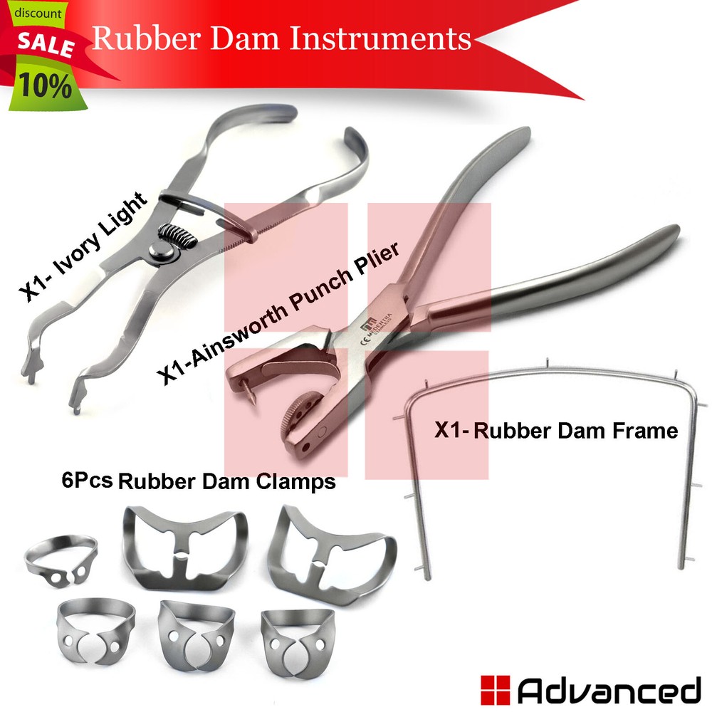 Dental Rubber Dam Instruments Set with Forceps, Frame,  Brinker Clamps