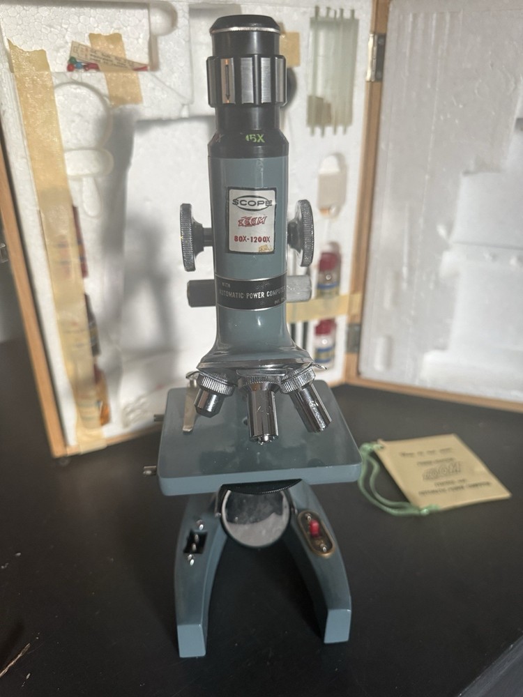 Vintage ZOOM 80x-1200x Microscope, auto Power Computer, Compounds & Solutions