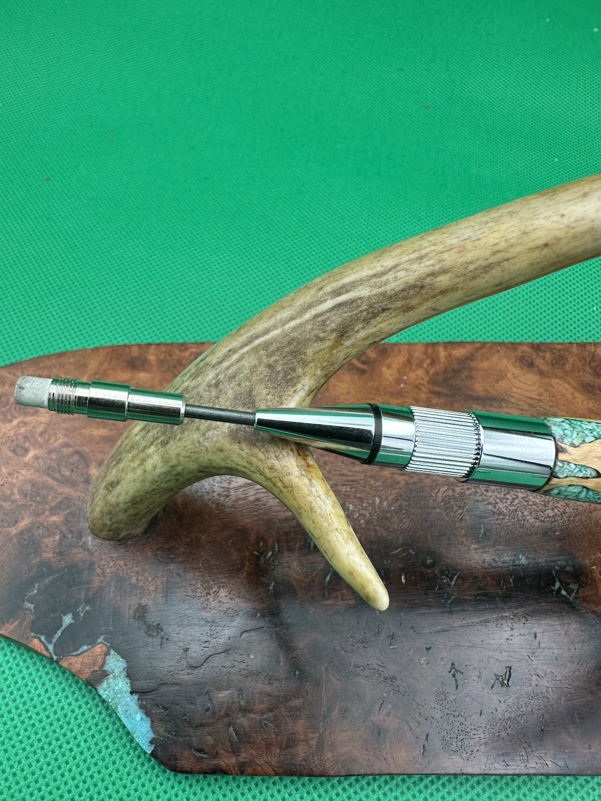 Hand Turned Mechanical Stratus Pencil With Cholla Cactus Inlaid Turquoise Chrome