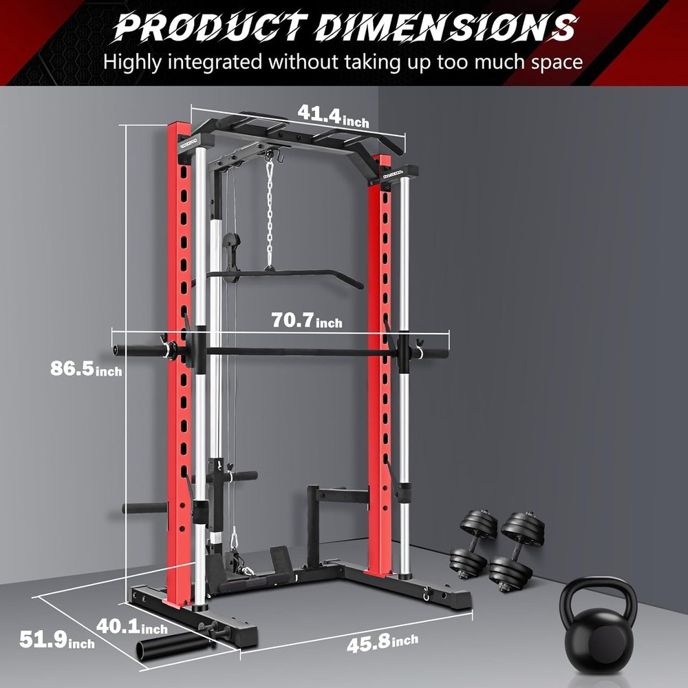 Smith Machine Squat Rack All-in-One Power Rack Cage with LAT-Pull Down System US