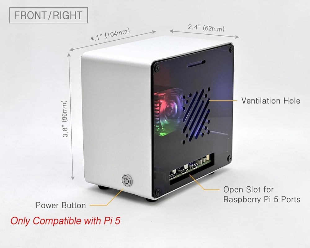 Mini Tower Case with RGB Fan for Raspberry Pi 5 - Silver