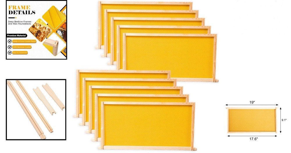 10-Pack Beeswax Coated Beehive Frames for Deep Brood Boxes - Easy Assembly