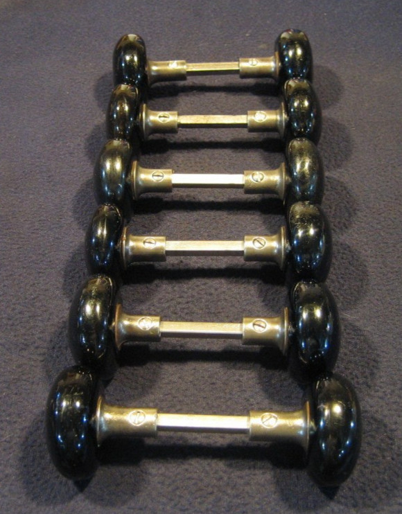 Nice Pair Antique Victorian Jet Black Porcelain Door Knobs 5/8 Shanks - 1890's