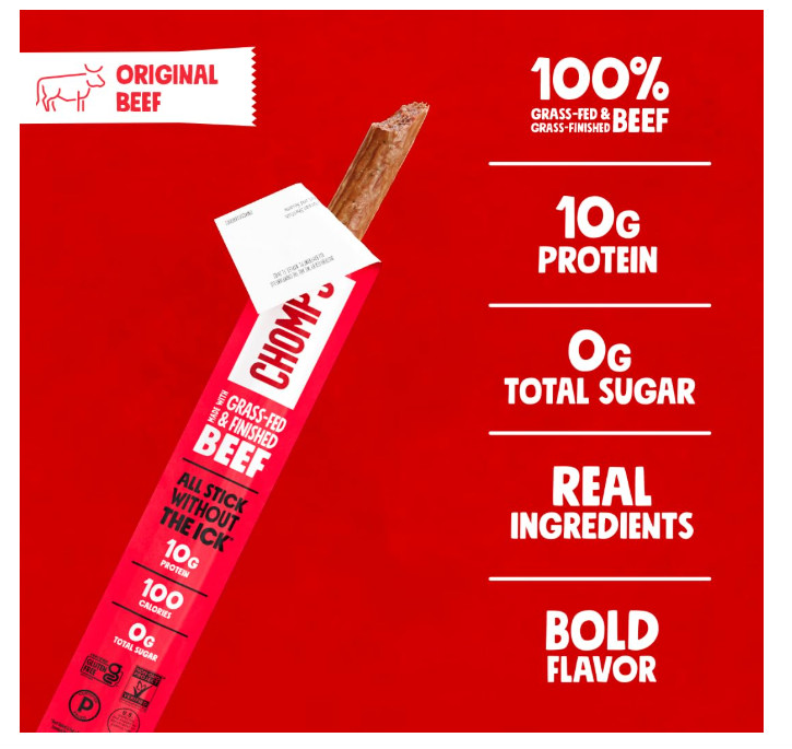 Chomps Grass Fed Beef Jerky Sticks 10 Pack Zero Sugar Protein