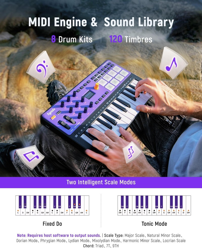 USB C MIDI Controller Keyboard 25 Keys Wireless Rechargeable | OLED Screen,