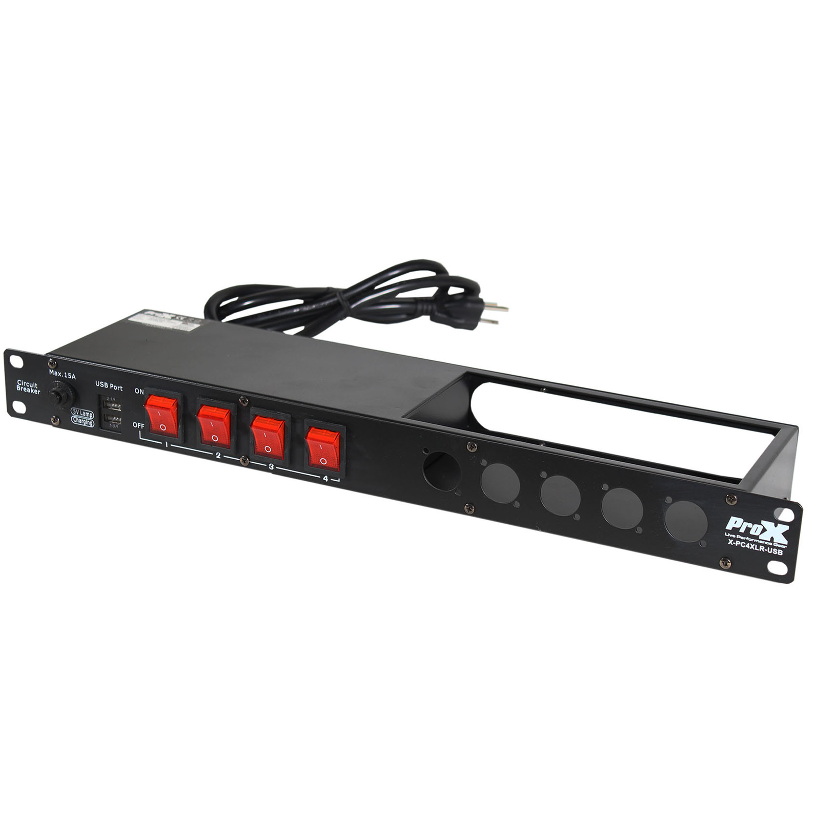 ProX X-PC4XLR-USB 1U 15Amp Circuit 4CH Switch Panel W-2 USB and 5 Punched Space
