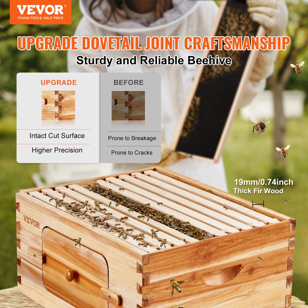 VEVOR Bee Hive Langstroth Deep Beehive Kit 10 Frames Acrylic Bee Windows