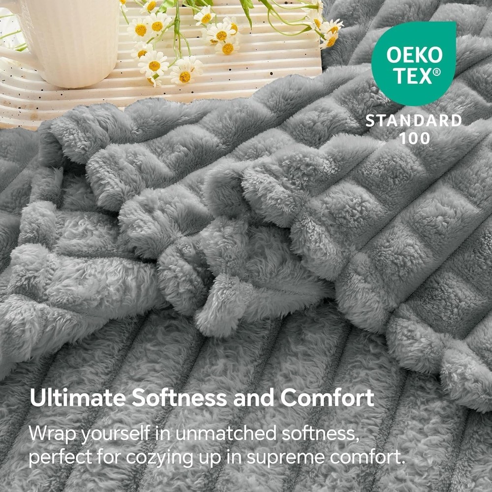 Updated Grey Throw Blanket Couch & Bed- Super Soft & Warm 3D Checkered Fluffy