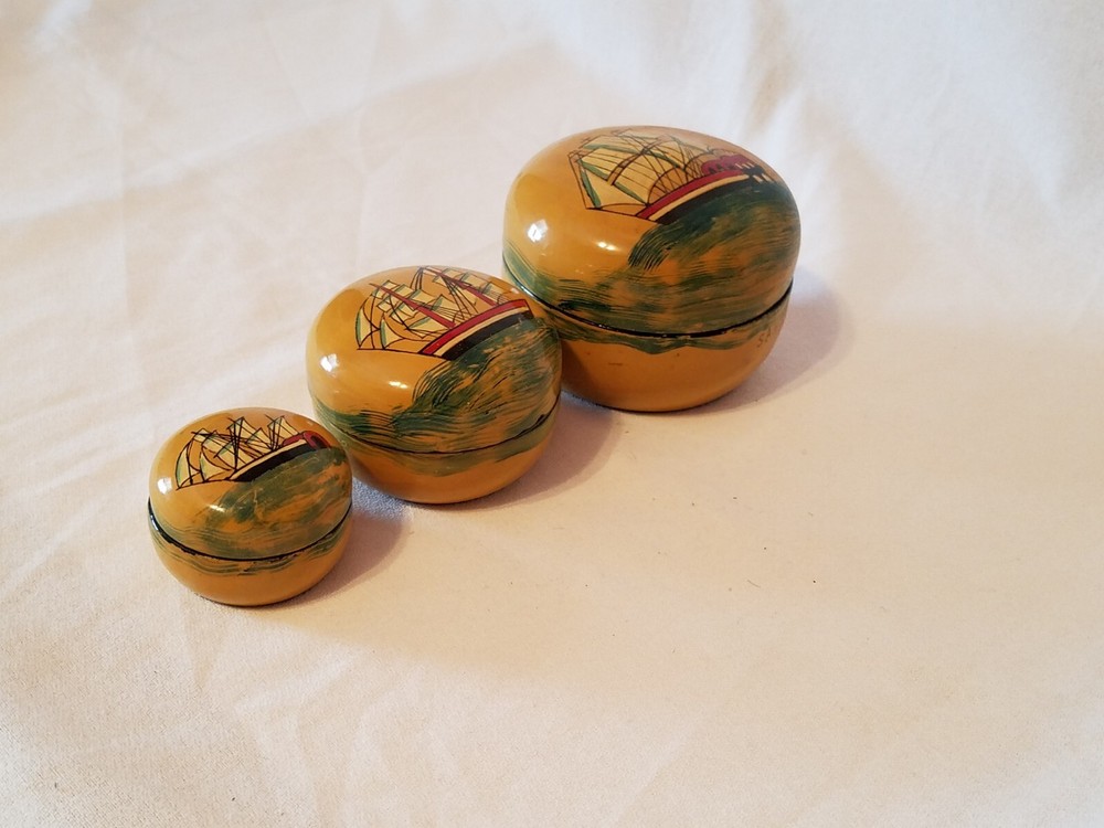 Vtg Lacquer Handpainted Nesting Boxes - Nautical Theme - Santa Maria & Pinta