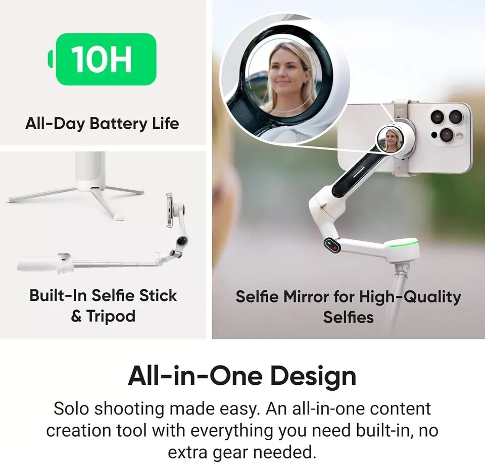 Insta360 Flow 2 Pro White AI Smartphone Selfie Stick Tripod Stabilizer Tracking
