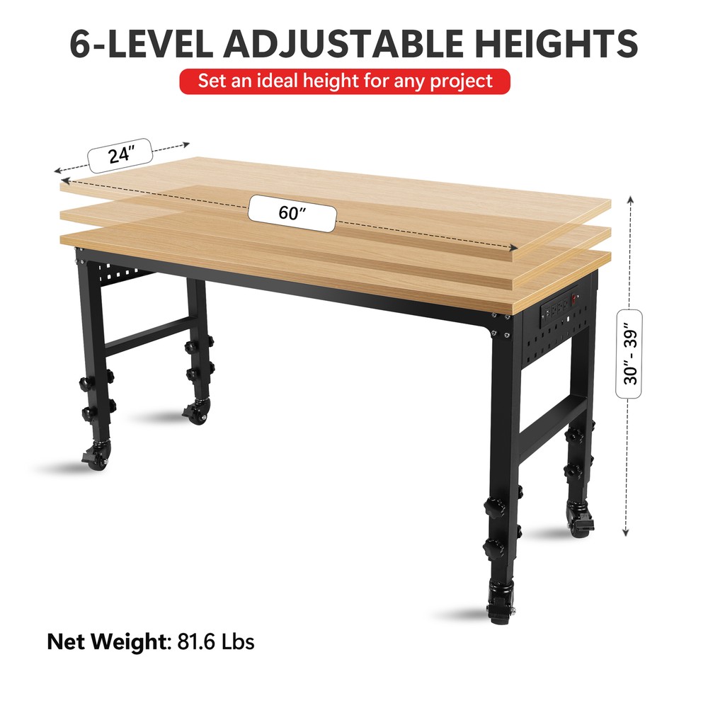 60" ×24'' Adjustable Workbench Rolling Worktable with Power Outlet and Wheels