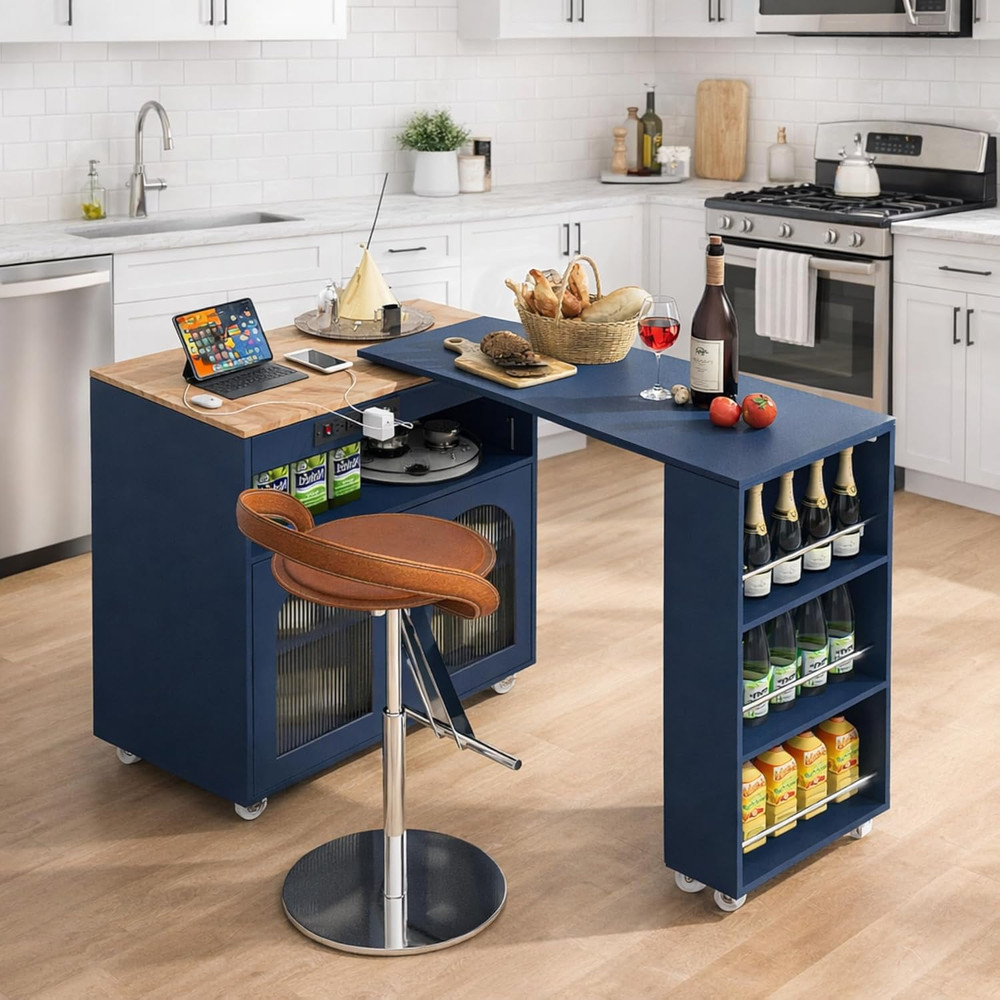 Navy Blue Rolling Kitchen Island with Extendable Table & Power Outlets