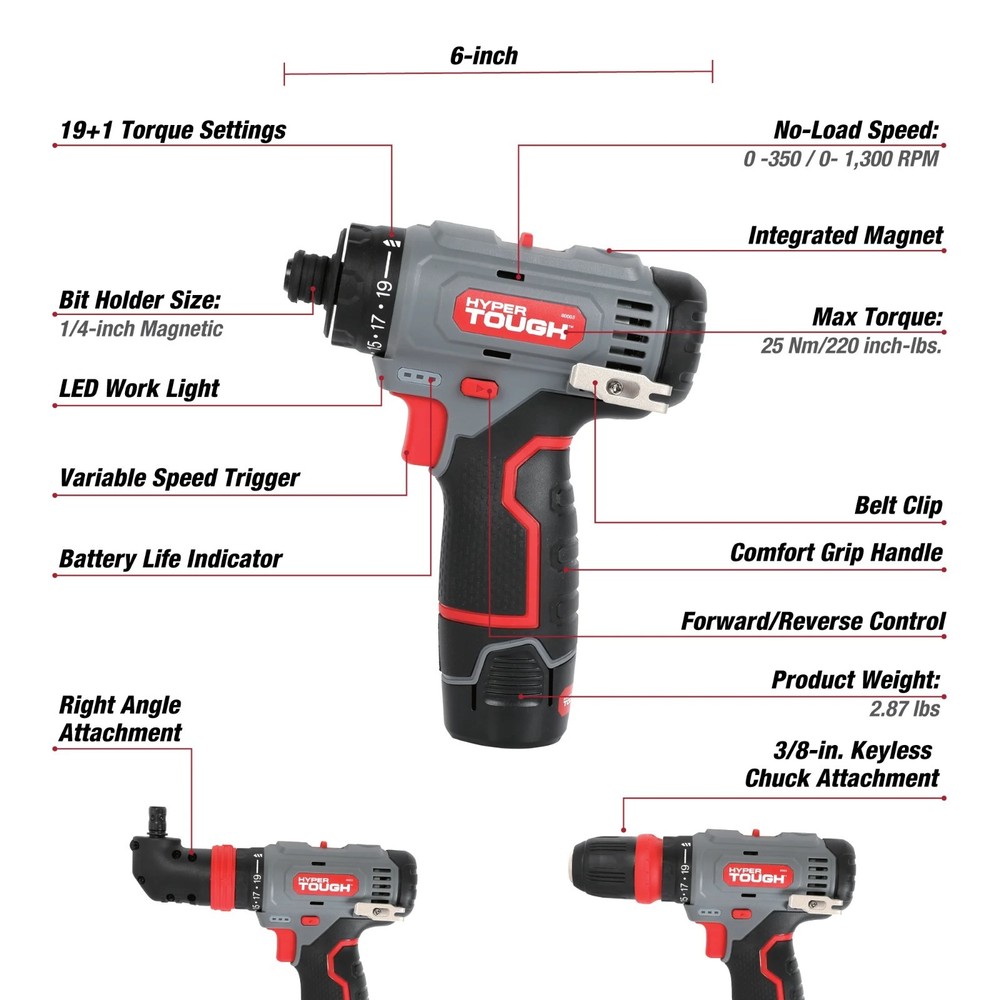 Hyper Tough 12V Max Lithium-Ion 3-in-1 Multi-Head Power Drill Set