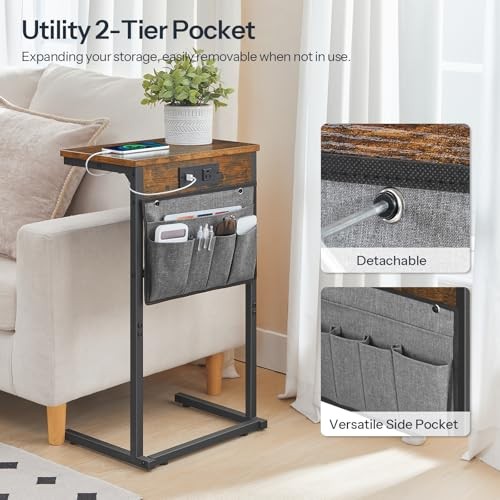 C Shaped End Table with Charging Station, 28" H Couch 1 Rustic Brown + Black