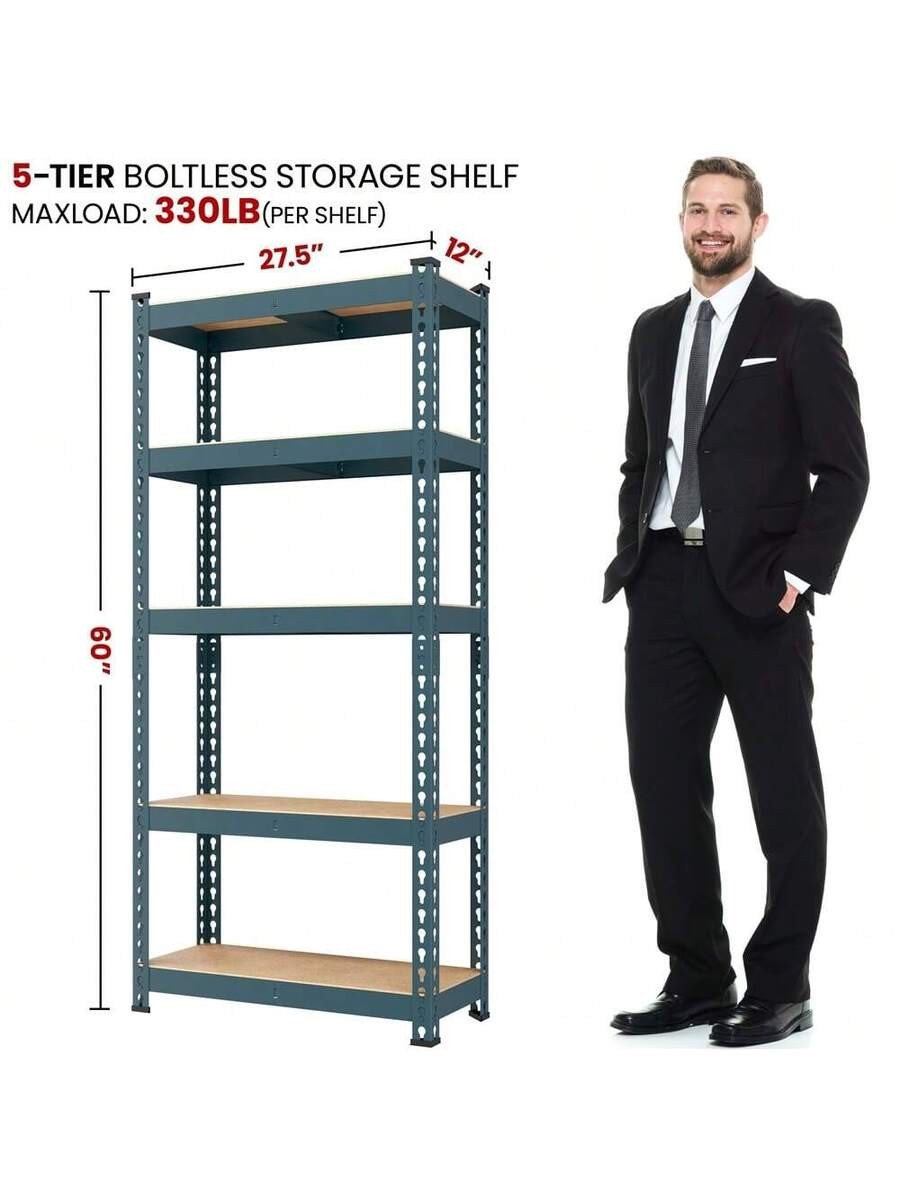 5-Tier Boltless Adjustable Metal Shelving Unit MDF Shelves for Garage Store