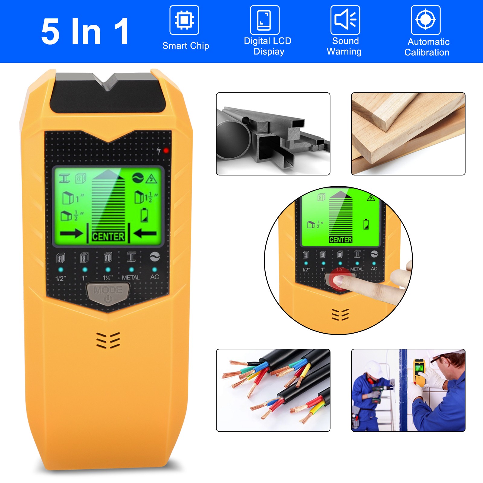 5 in 1 Stud Finder Wall Scanner for Wood AC Wire Metal Pipe LCD Display Detector