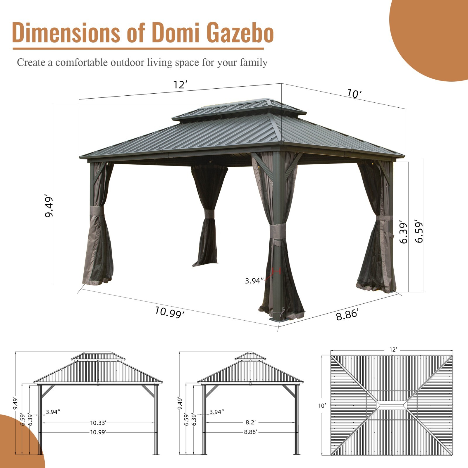 Domi 10’ x 12’ Hardtop Gazebo Outdoor Aluminum Gazebo w/Curtains and Net, Gray