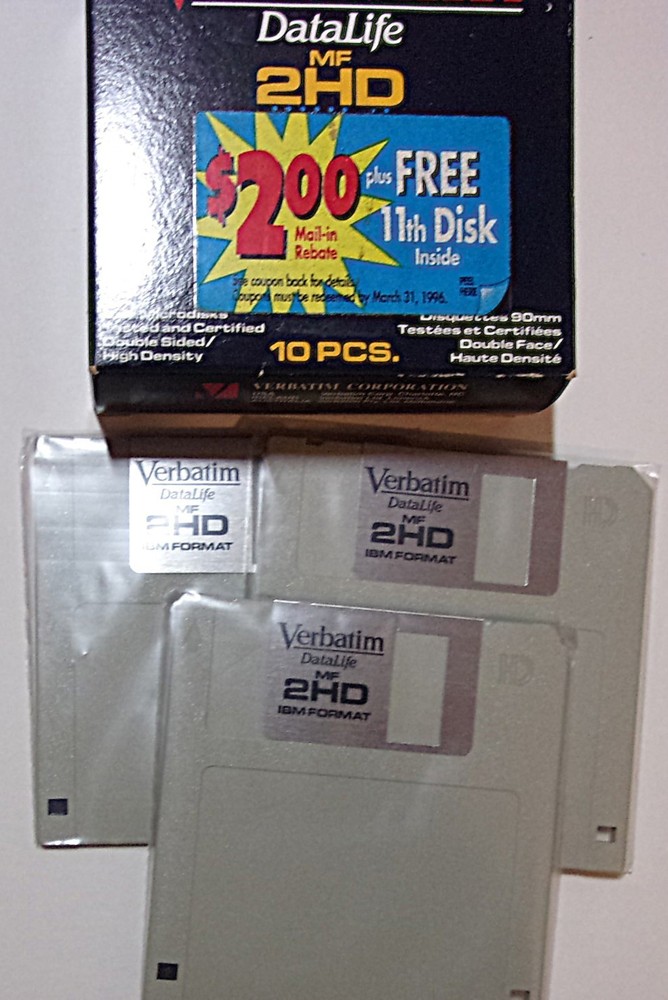 3 PC Verbatim DataLife High Density 3.5" Microdisks MF2-HD Disk
