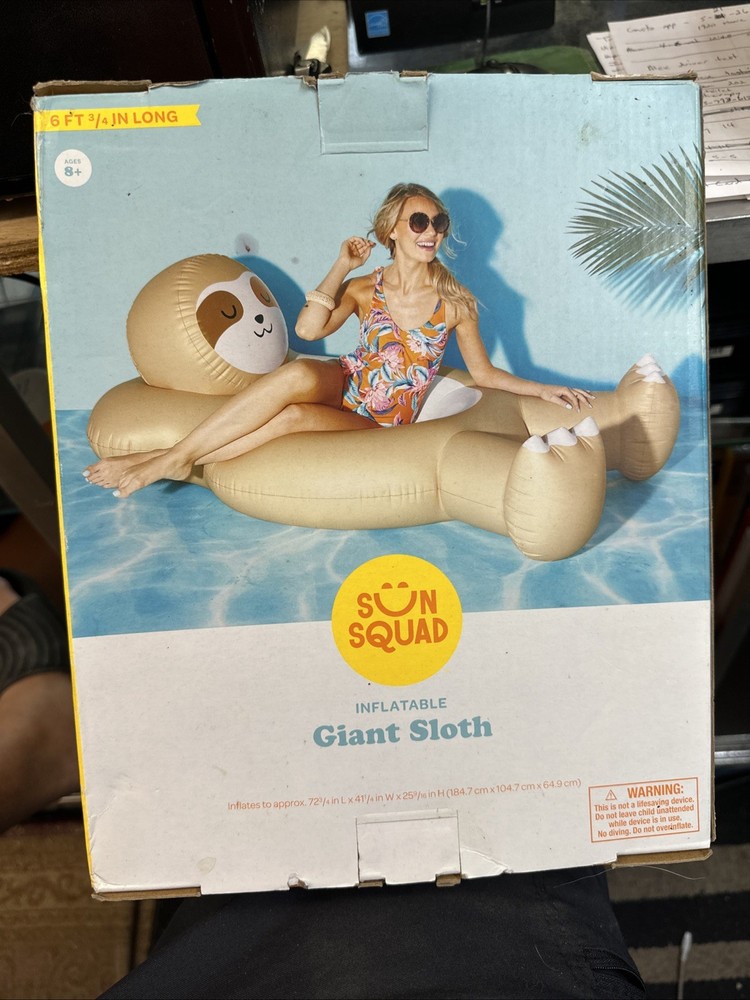 Sun Squad Inflatable Giant Sloth Pool Float – 6 Ft Long NIB