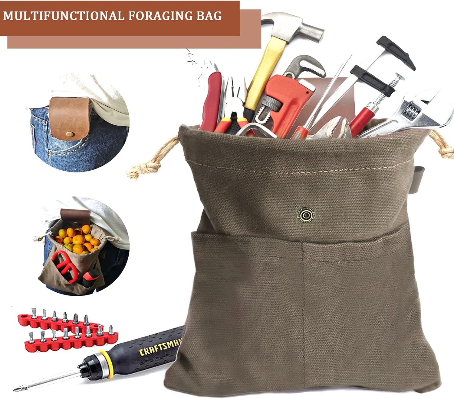 Foraging Pouch Leather Canvas Collapsible Bag Water Resistant 8.66", Green