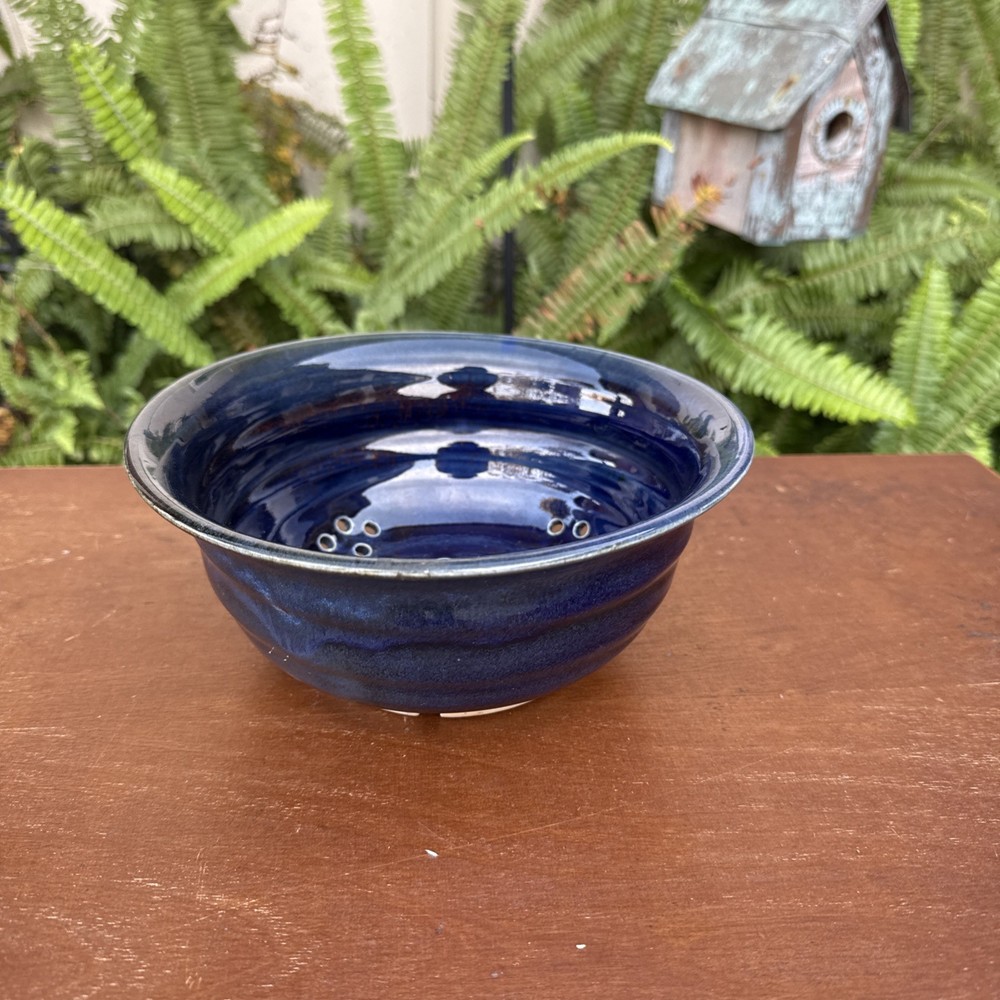 Studio Art Pottery Berry Bowl Colander Strainer Signed Blue