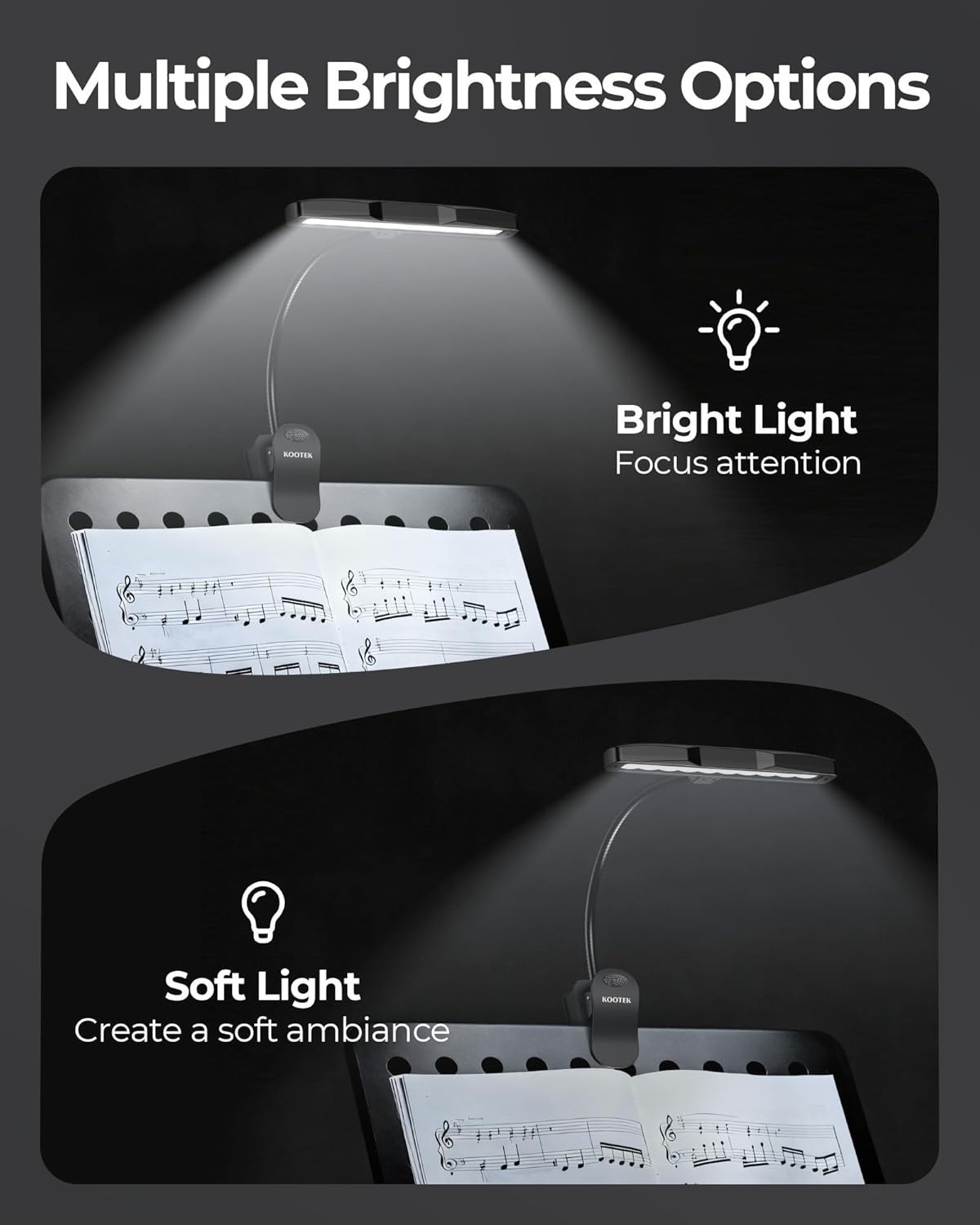 Black Clip-On Music Stand Light LED with Brightness Control Rechargeable