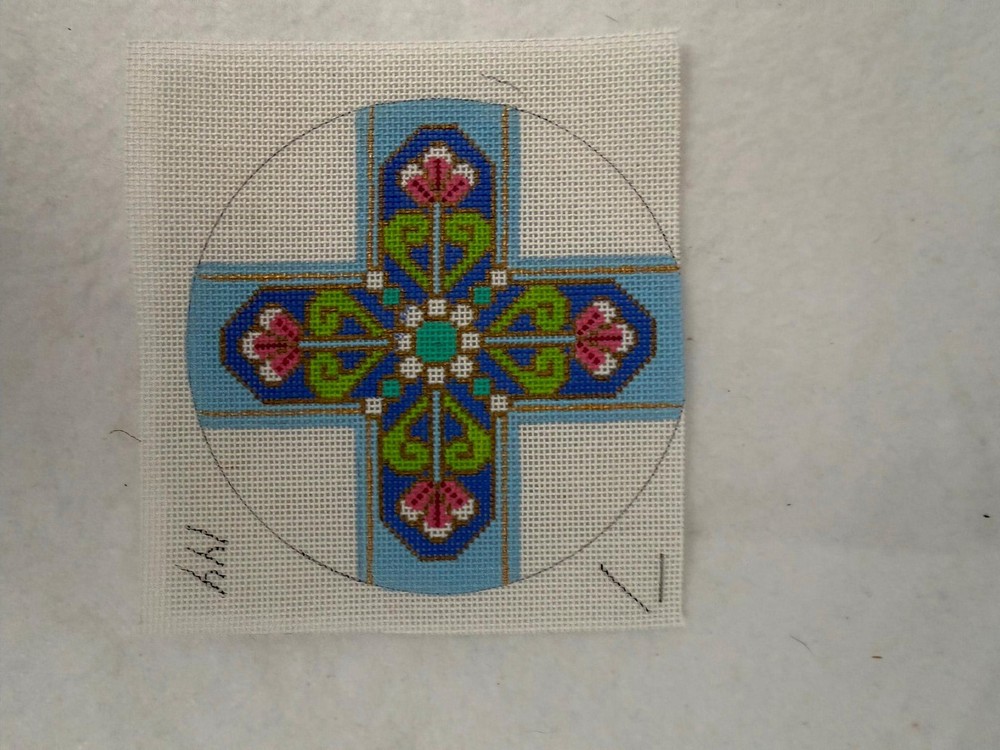 Handpainted Round Easter Cross 18 mesh needlepoint canvas 4.75" round