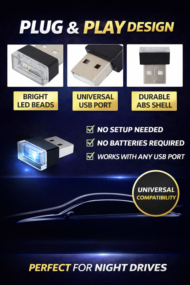 USB Car LED Lights Interior Ambient Mini Plug Play 5 Color Pack Universal