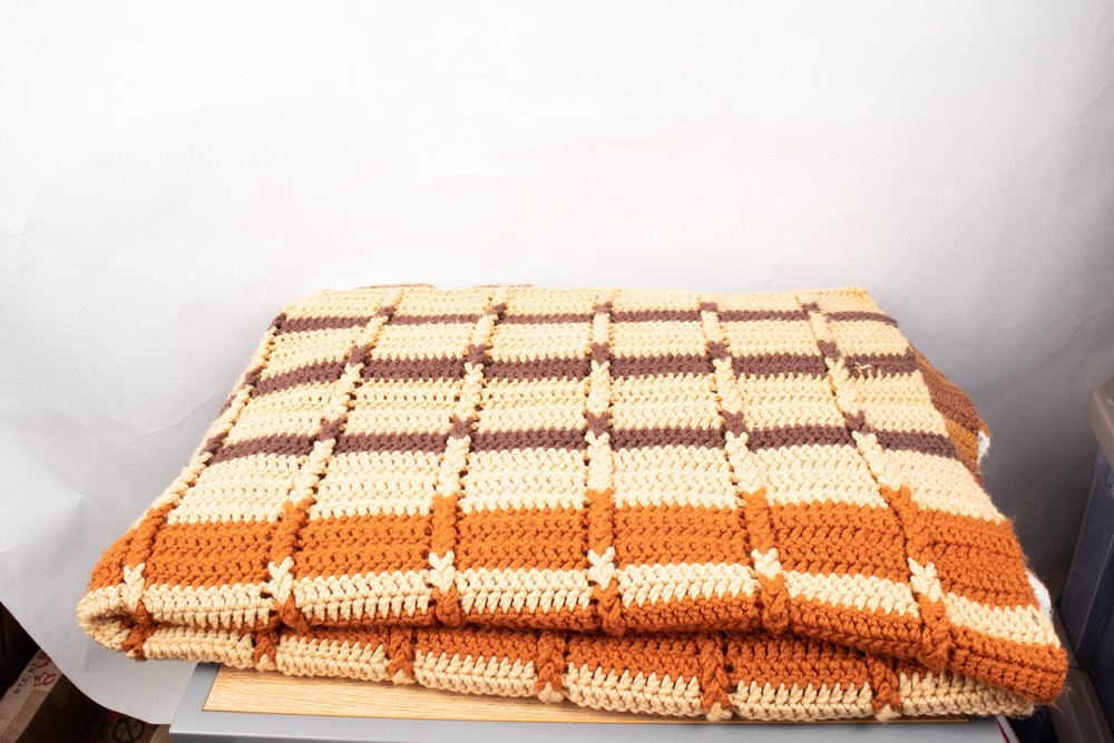 Afghan Throw White Tan Brown Rust 75" X 48"