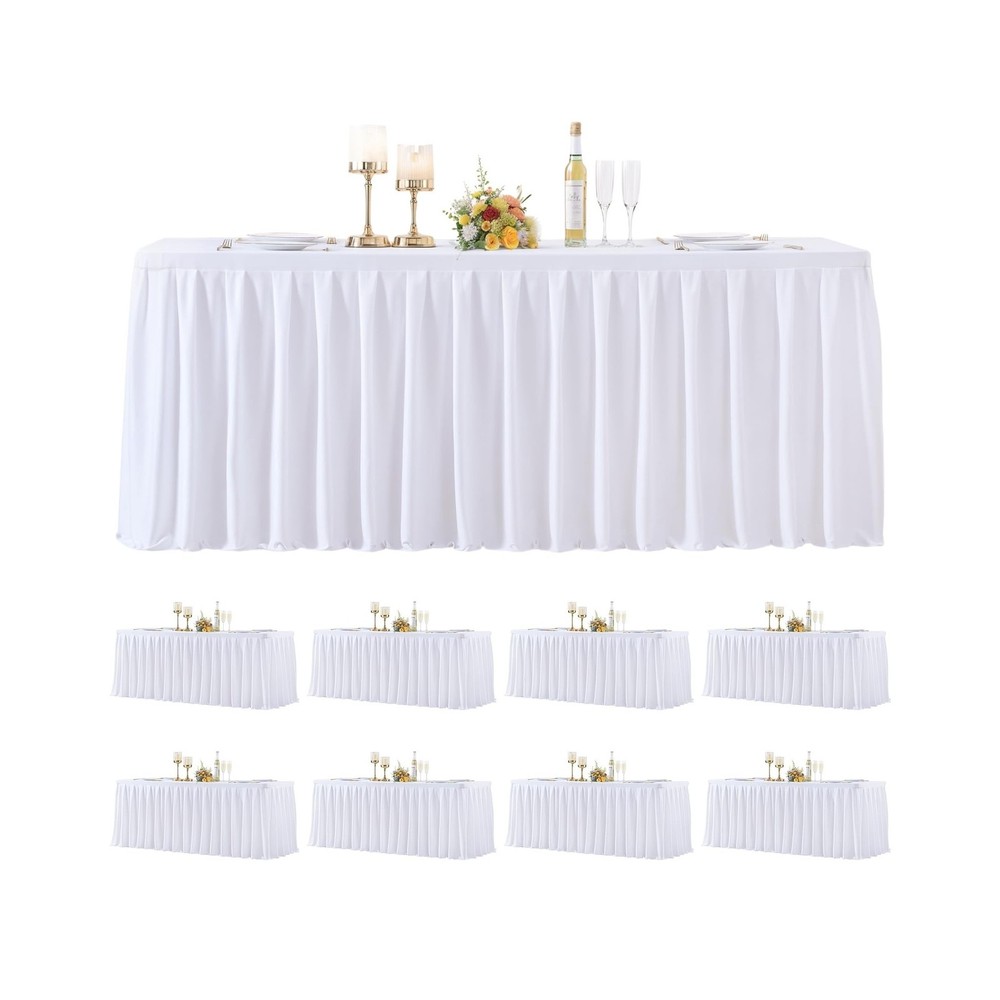 8 Pack White Rectangle Tablecloth 8 FT Stretch Spandex Fitted Table Cloth for...