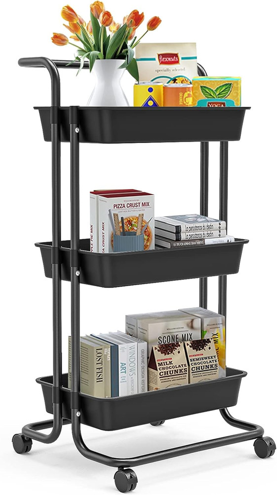 3-Tier Rolling Utility Cart with Wheels, Multi-Function Storage Cart with Lockab