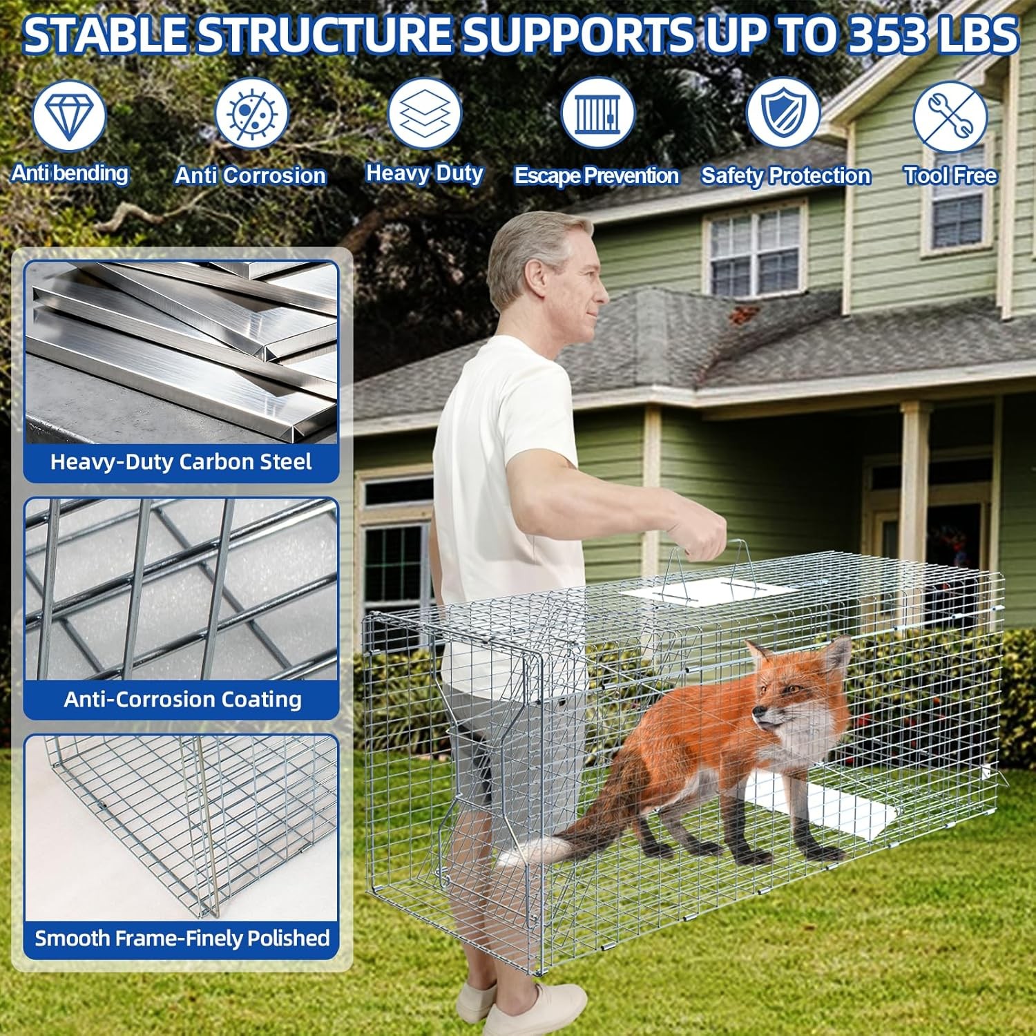 Live Animal Cage Trap 51"x17.4" x18.9" Humane Cat Trap Cats Squirrels Mouse New