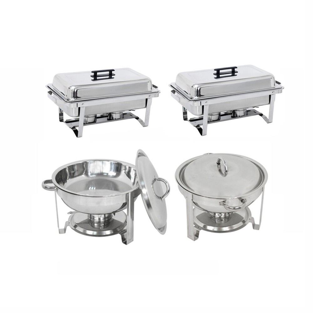 2 Round Chafing Dish+2 Rectangular Chafers w/Foldable Frame Legs Stainless Steel