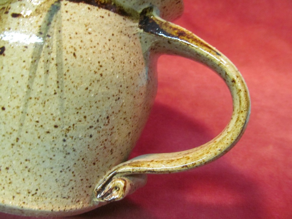 5" BROWN SPECKLE STUDIO POTTERY PITCHER WITH PAINTED PINECONE