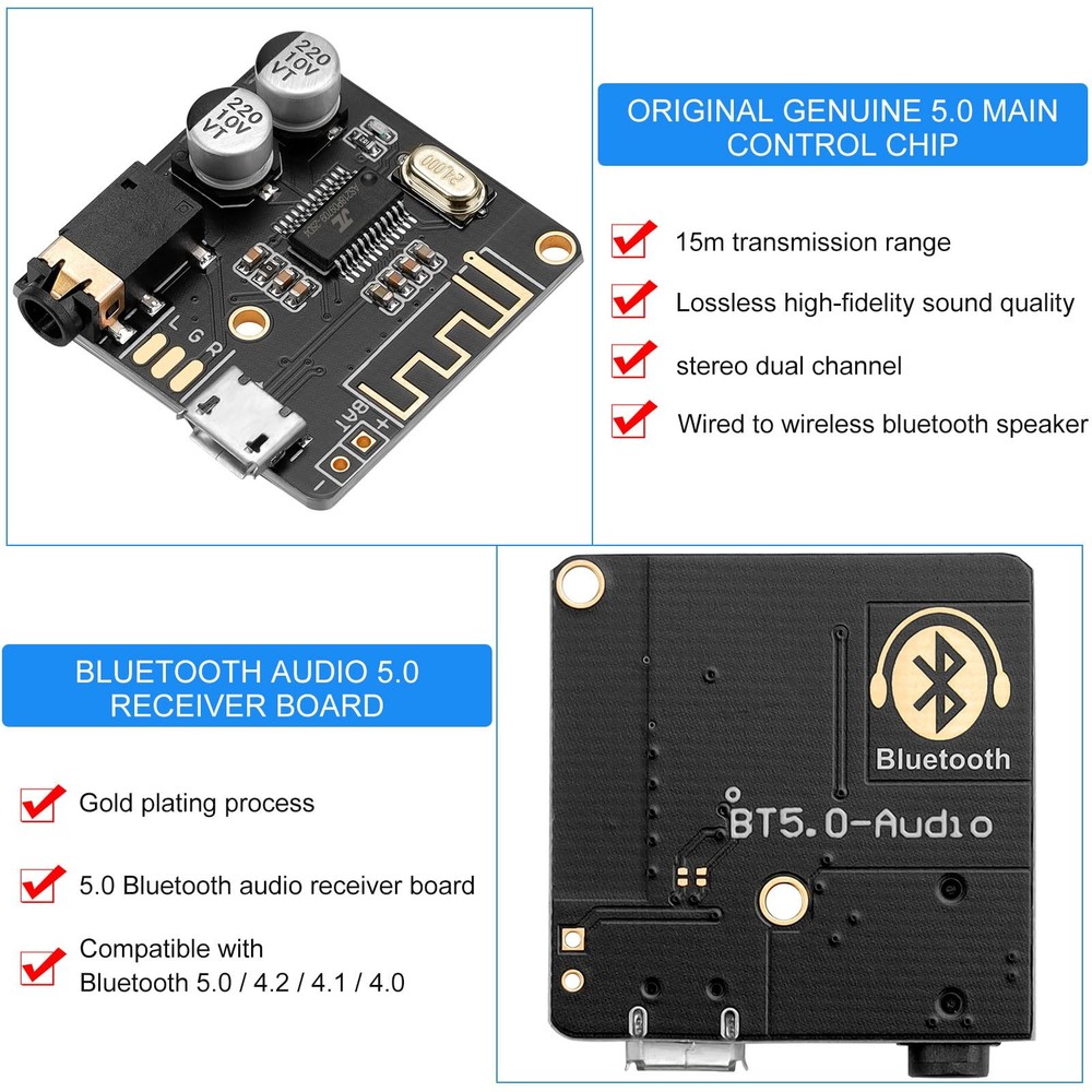 MakerHawk 2pcs Bluetooth Audio Receiver Board BT 5.0 Stereo Black